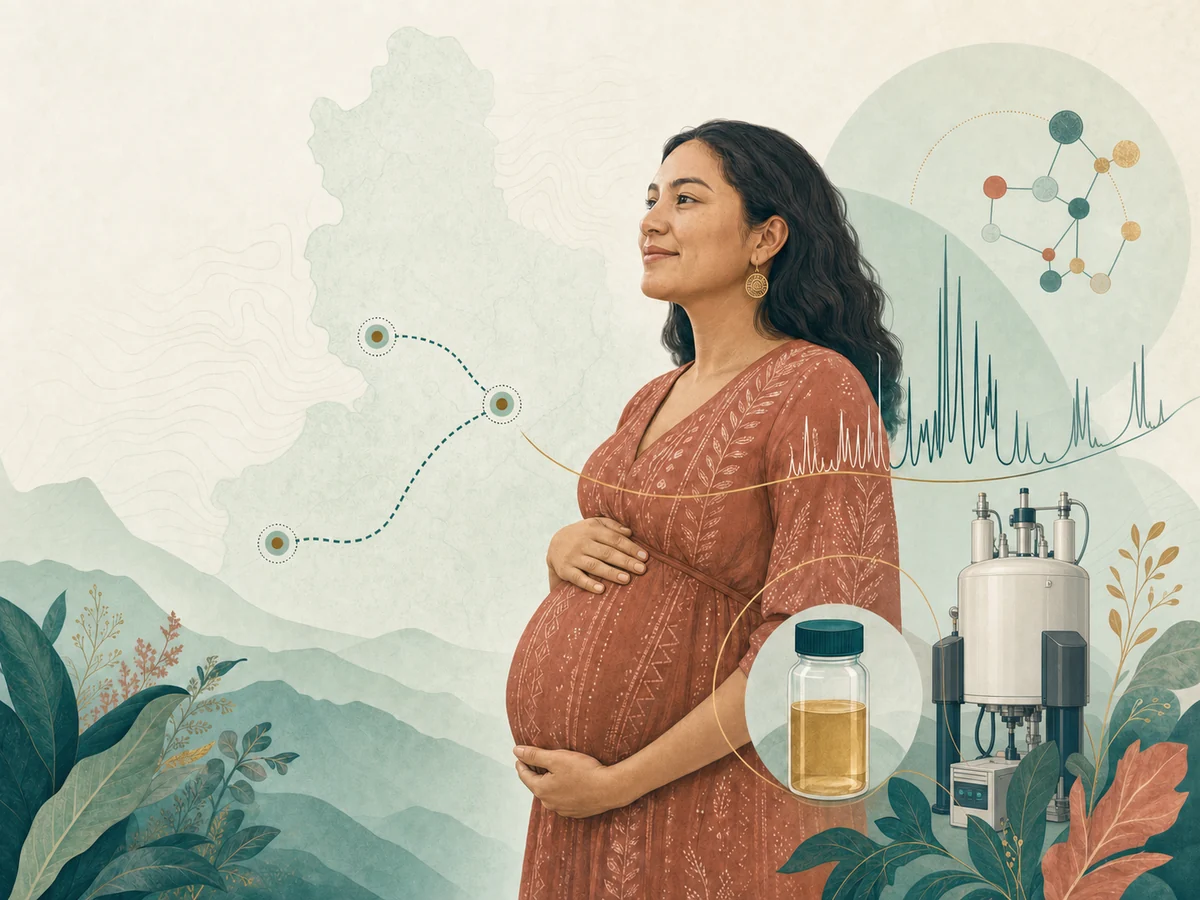 Ilustración de una gestante en Antioquia junto a una muestra de orina, un equipo de RMN, un espectro y una red de metabolitos